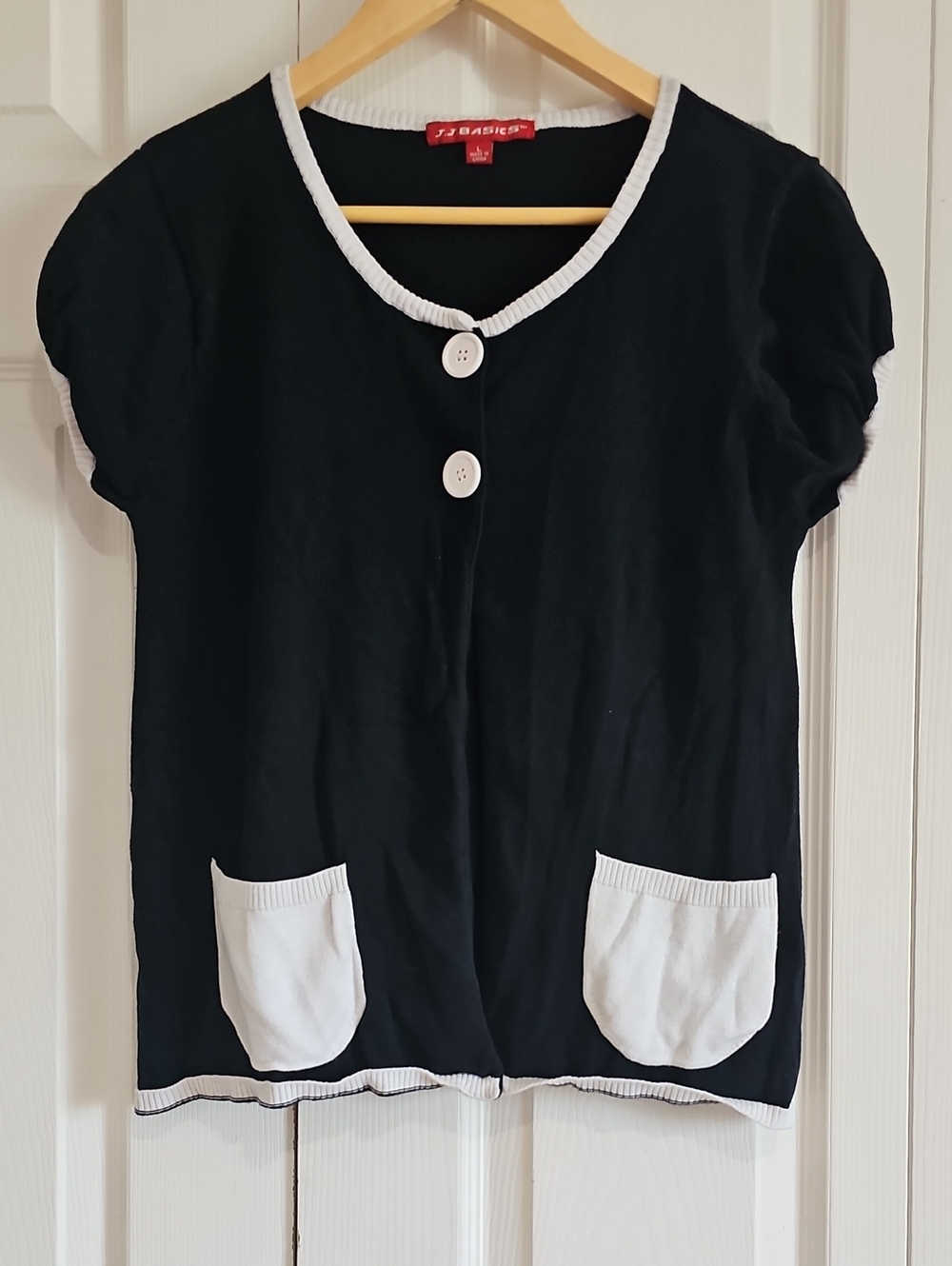 J.J. Basics Black & White Short Sleeve Cardigan Sweater - Size Large